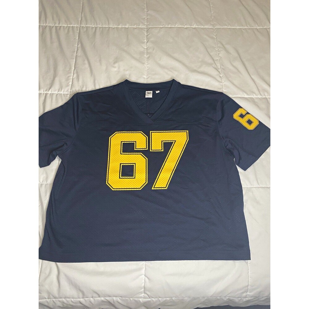 Aritzia Tna Women’s S Blue Mesh V-Neck Jersey T-Shirt Logo Applique 67